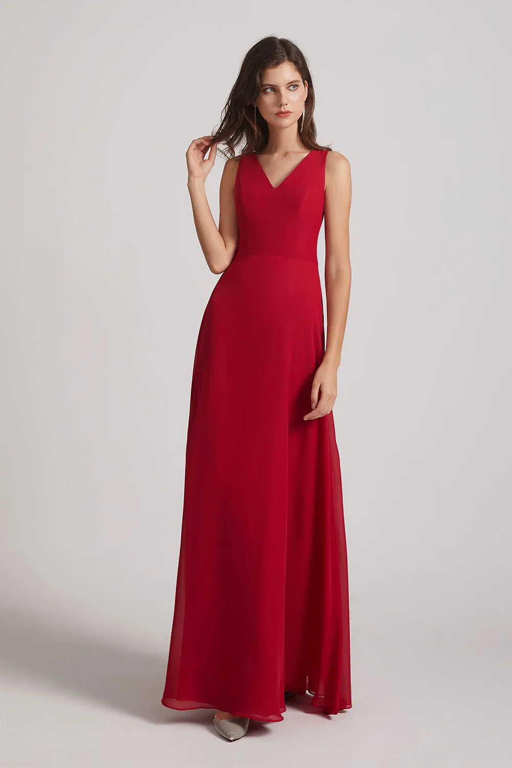 V-Neck Tie Back A-line Chiffon Long Bridesmaid Dresses (AF0059)