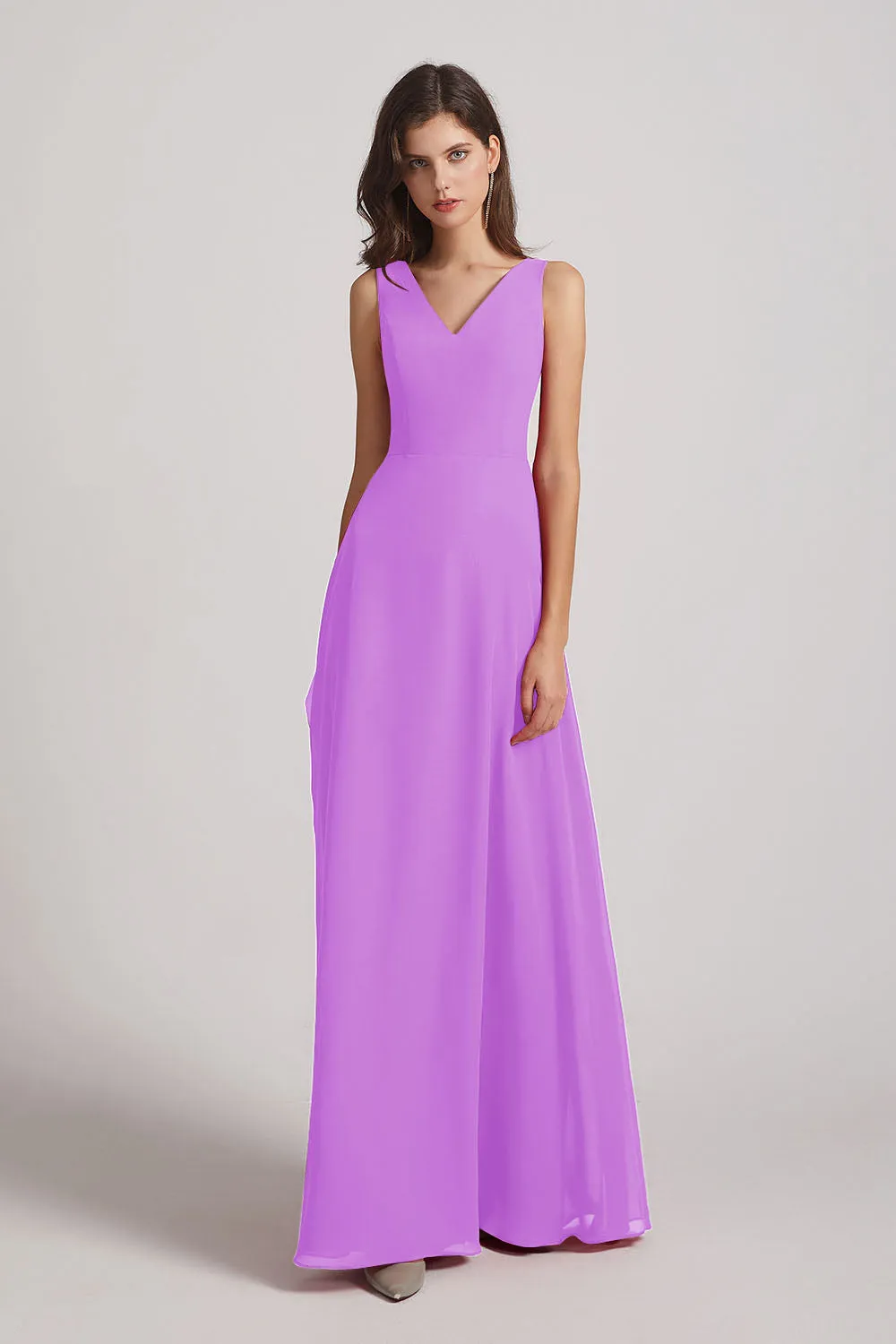 V-Neck Tie Back A-line Chiffon Long Bridesmaid Dresses (AF0059)