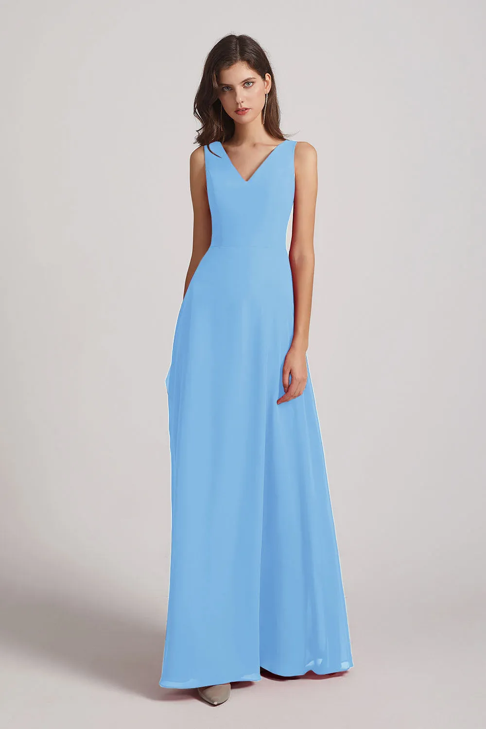 V-Neck Tie Back A-line Chiffon Long Bridesmaid Dresses (AF0059)