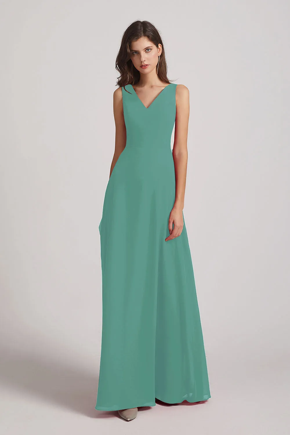 V-Neck Tie Back A-line Chiffon Long Bridesmaid Dresses (AF0059)