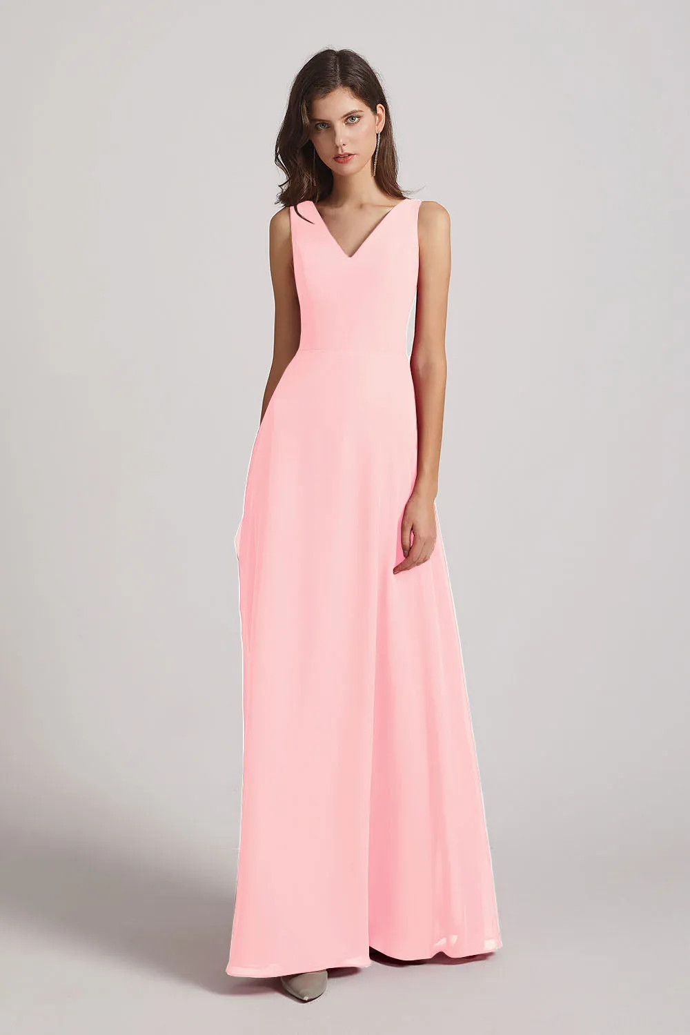 V-Neck Tie Back A-line Chiffon Long Bridesmaid Dresses (AF0059)