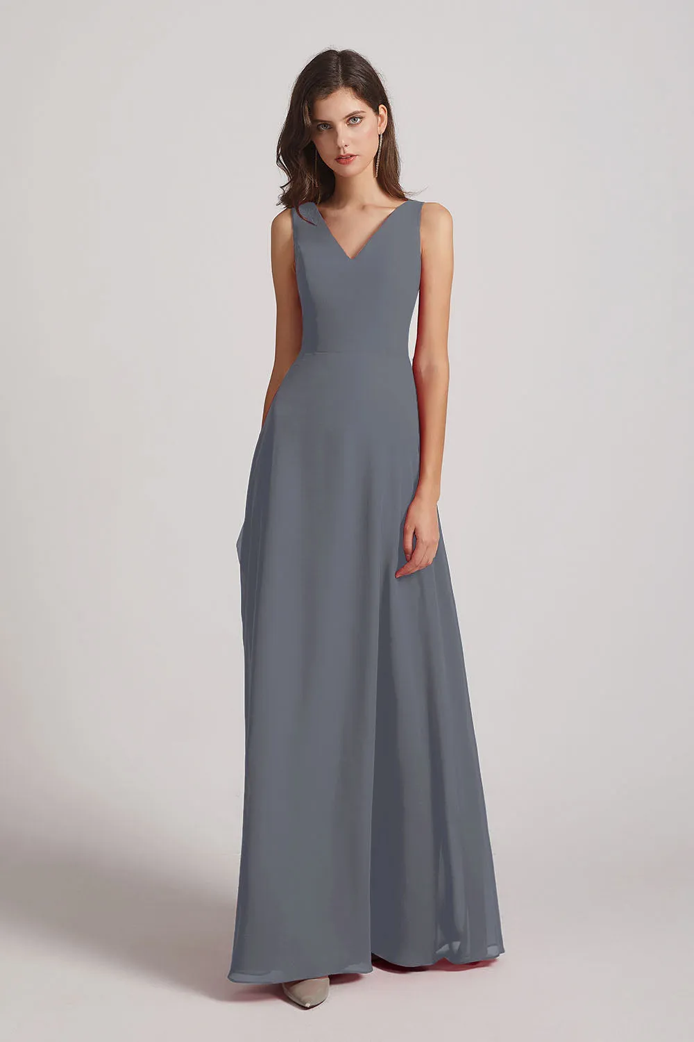 V-Neck Tie Back A-line Chiffon Long Bridesmaid Dresses (AF0059)