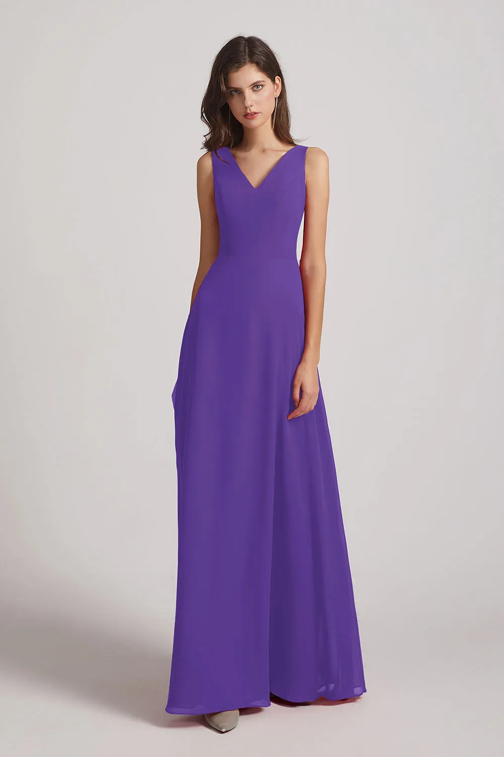 V-Neck Tie Back A-line Chiffon Long Bridesmaid Dresses (AF0059)