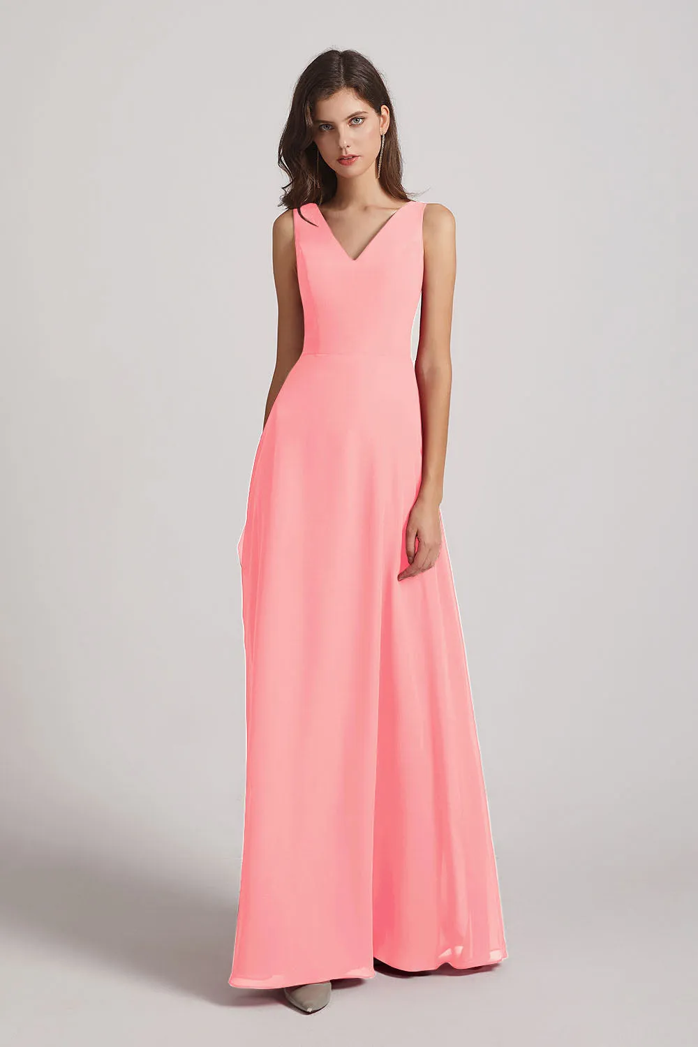 V-Neck Tie Back A-line Chiffon Long Bridesmaid Dresses (AF0059)