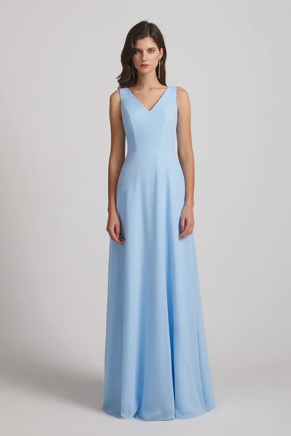 V-Neck Tie Back A-line Chiffon Long Bridesmaid Dresses (AF0059)