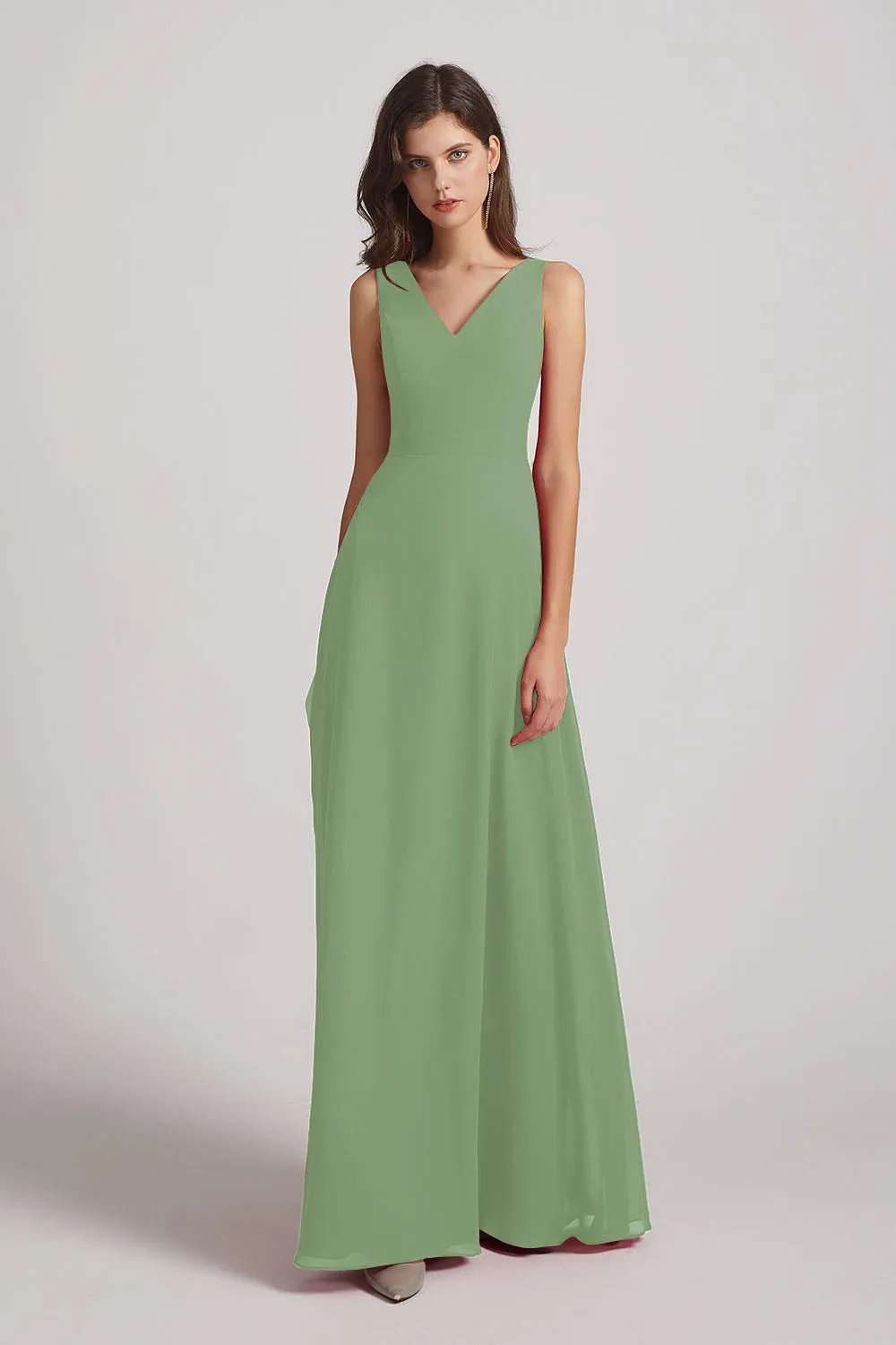 V-Neck Tie Back A-line Chiffon Long Bridesmaid Dresses (AF0059)