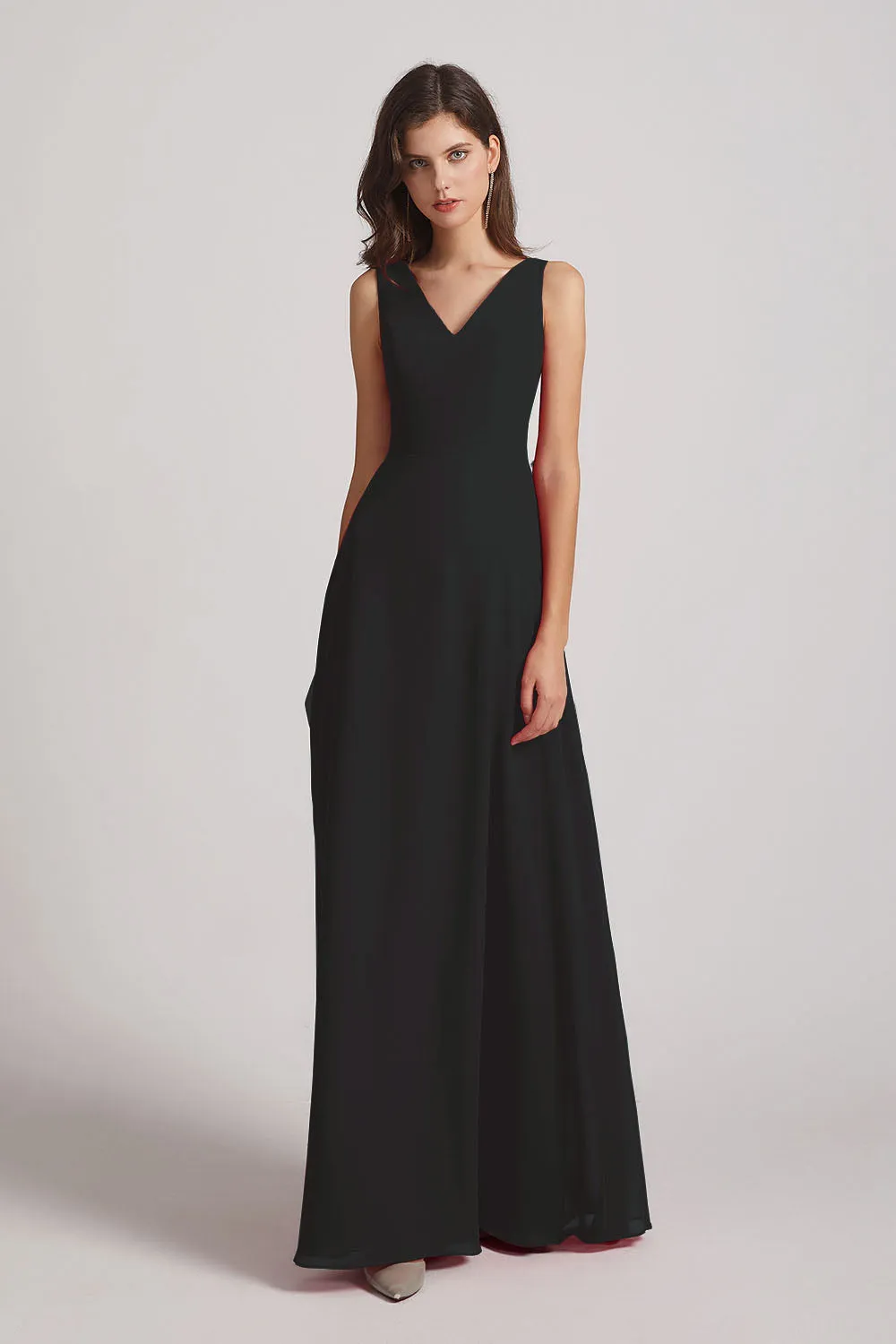 V-Neck Tie Back A-line Chiffon Long Bridesmaid Dresses (AF0059)