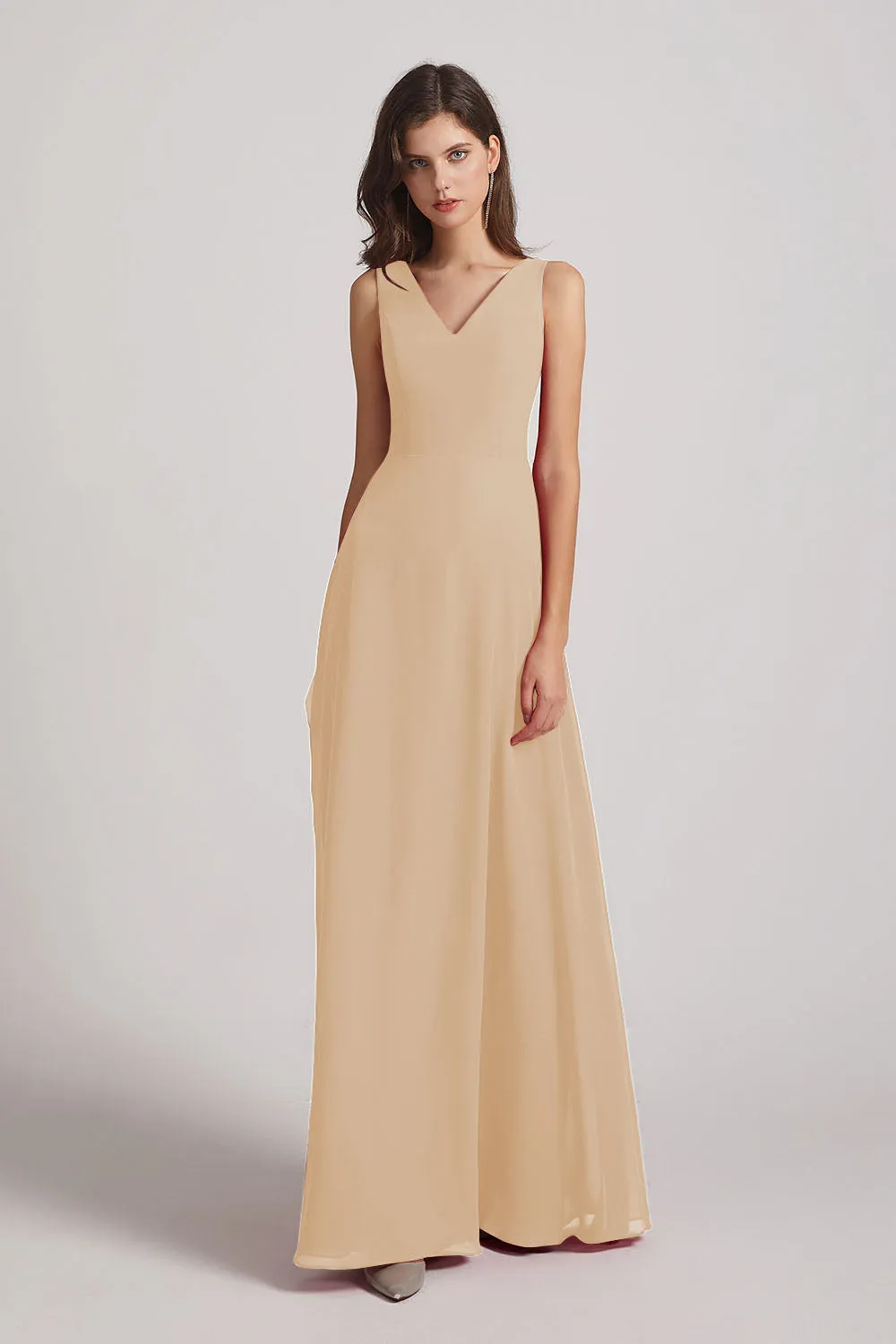 V-Neck Tie Back A-line Chiffon Long Bridesmaid Dresses (AF0059)