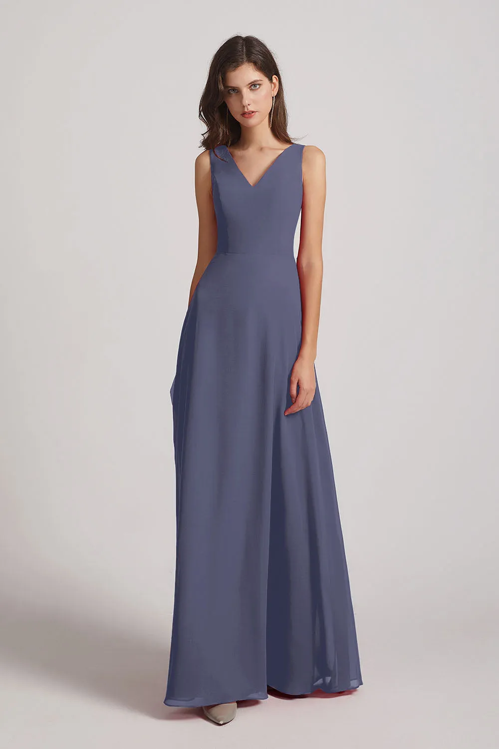 V-Neck Tie Back A-line Chiffon Long Bridesmaid Dresses (AF0059)