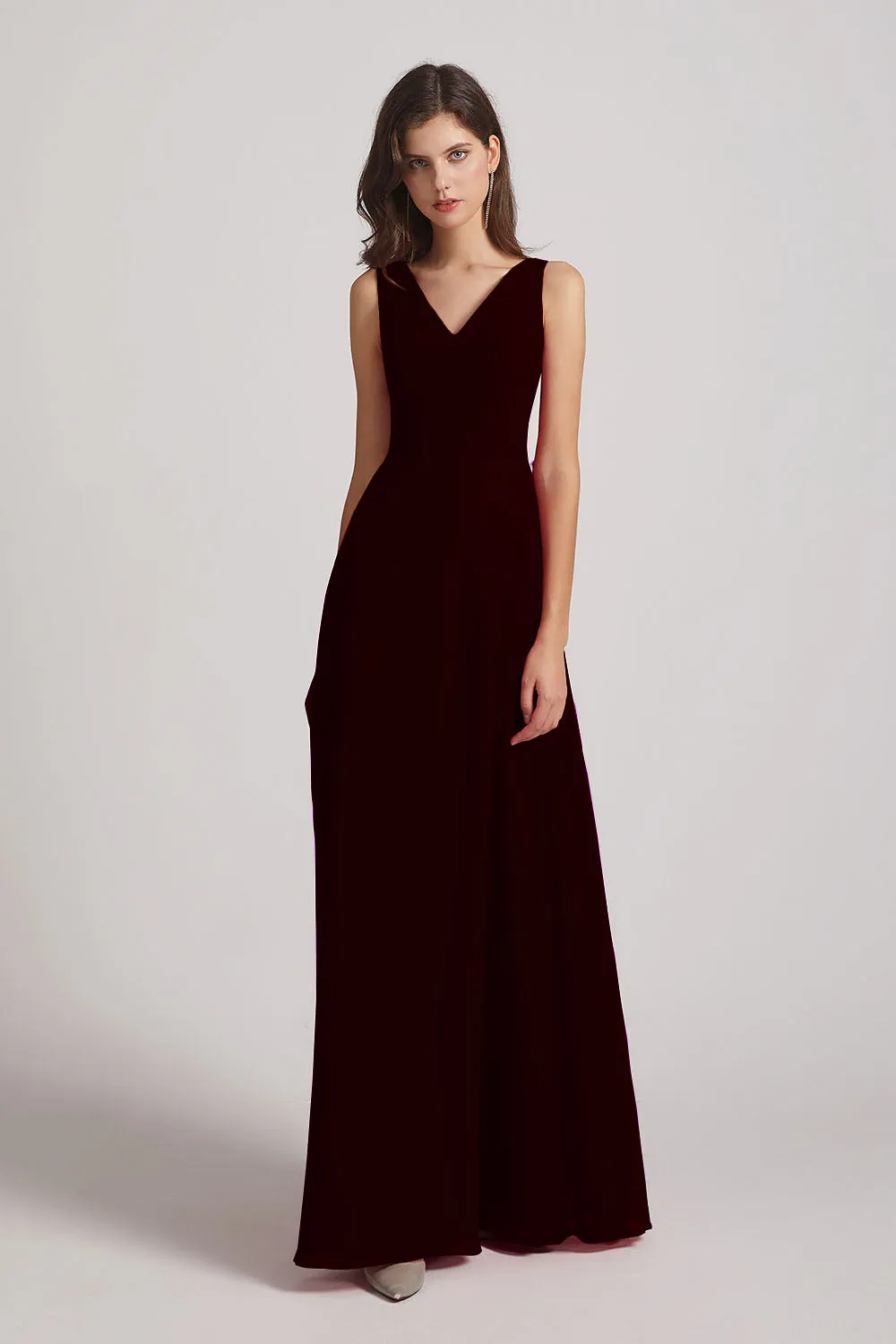 V-Neck Tie Back A-line Chiffon Long Bridesmaid Dresses (AF0059)