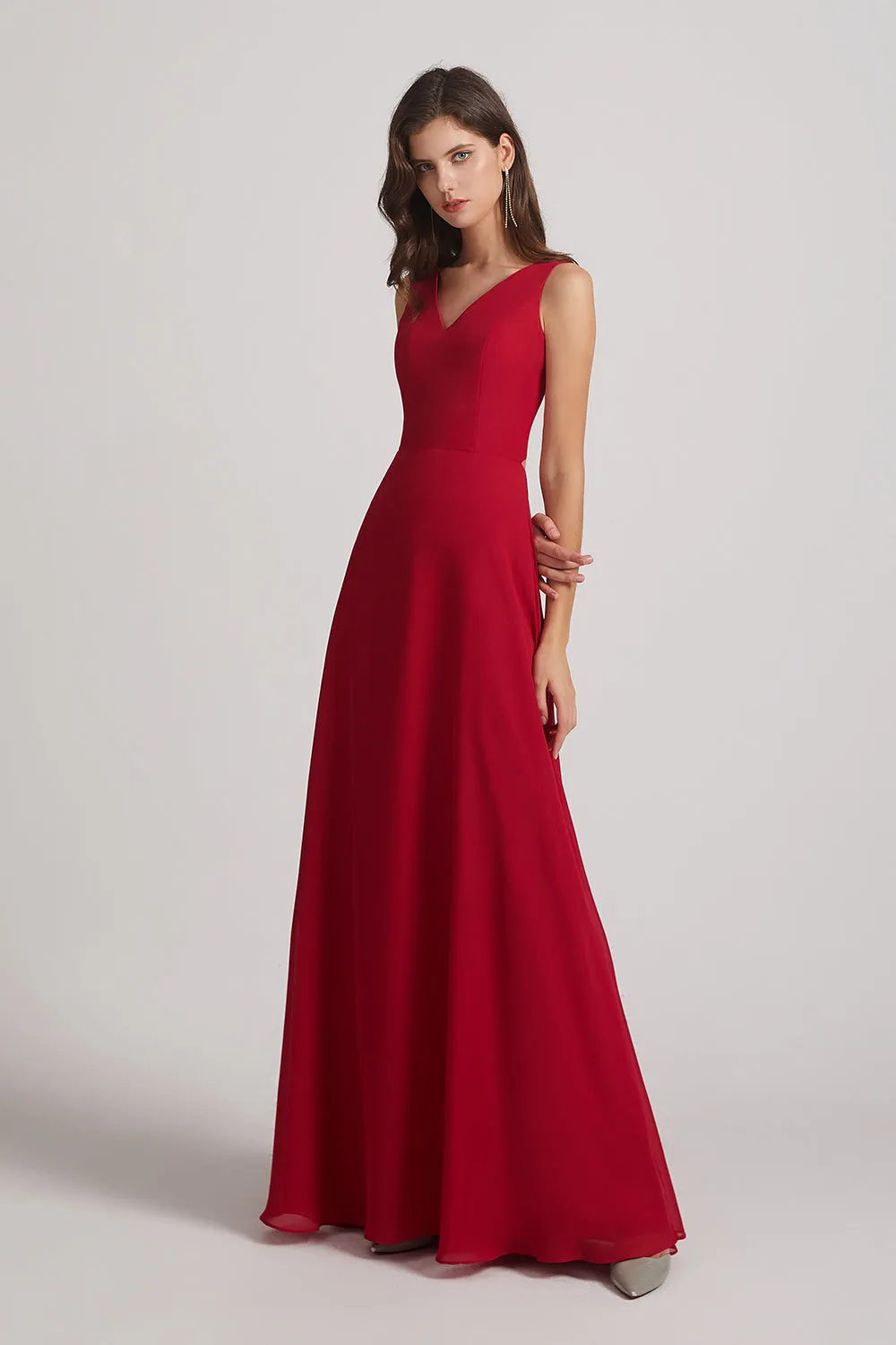 V-Neck Tie Back A-line Chiffon Long Bridesmaid Dresses (AF0059)