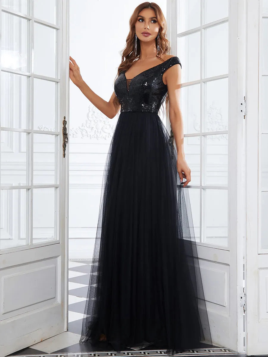 Wholesale Off Shoulder Tulle & Sequin Sleeveless Evening Dress