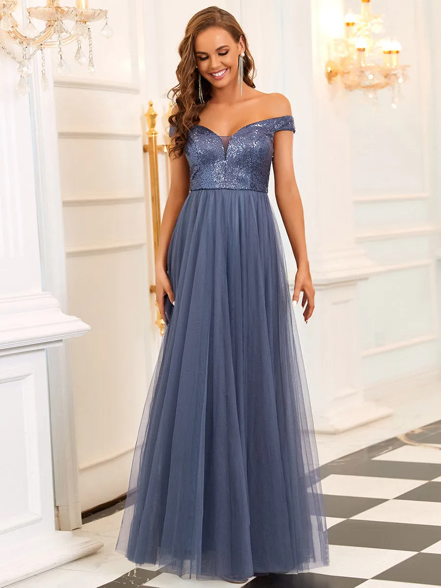 Wholesale Off Shoulder Tulle & Sequin Sleeveless Evening Dress