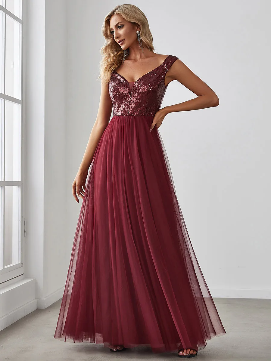 Wholesale Off Shoulder Tulle & Sequin Sleeveless Evening Dress