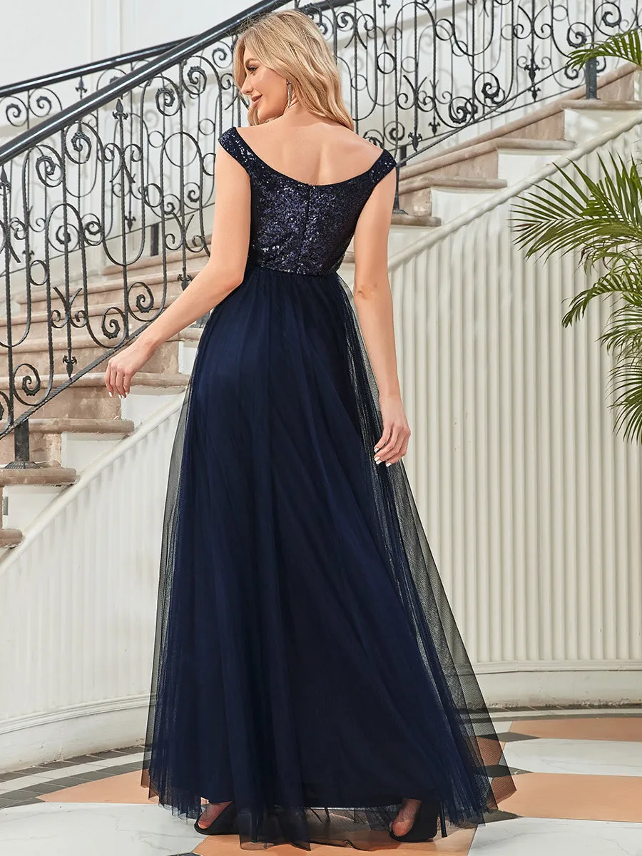 Wholesale Off Shoulder Tulle & Sequin Sleeveless Evening Dress