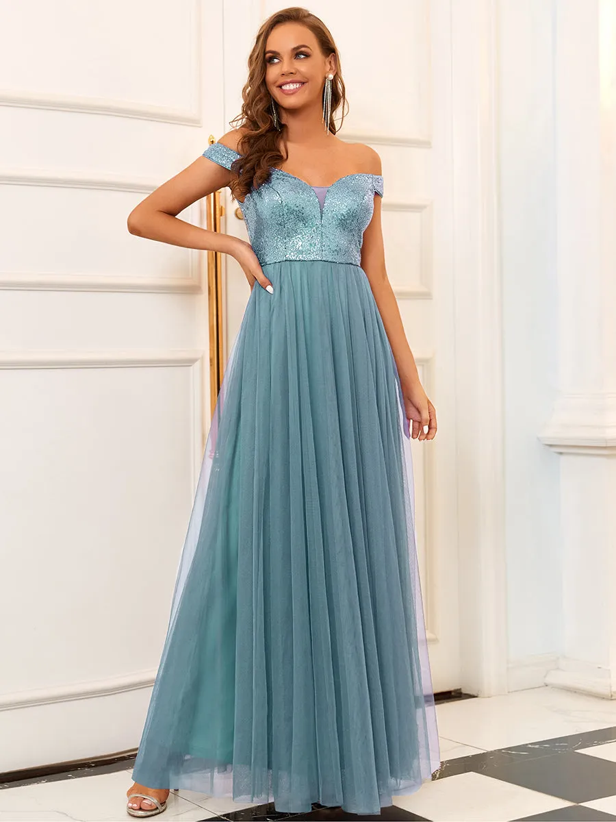 Wholesale Off Shoulder Tulle & Sequin Sleeveless Evening Dress