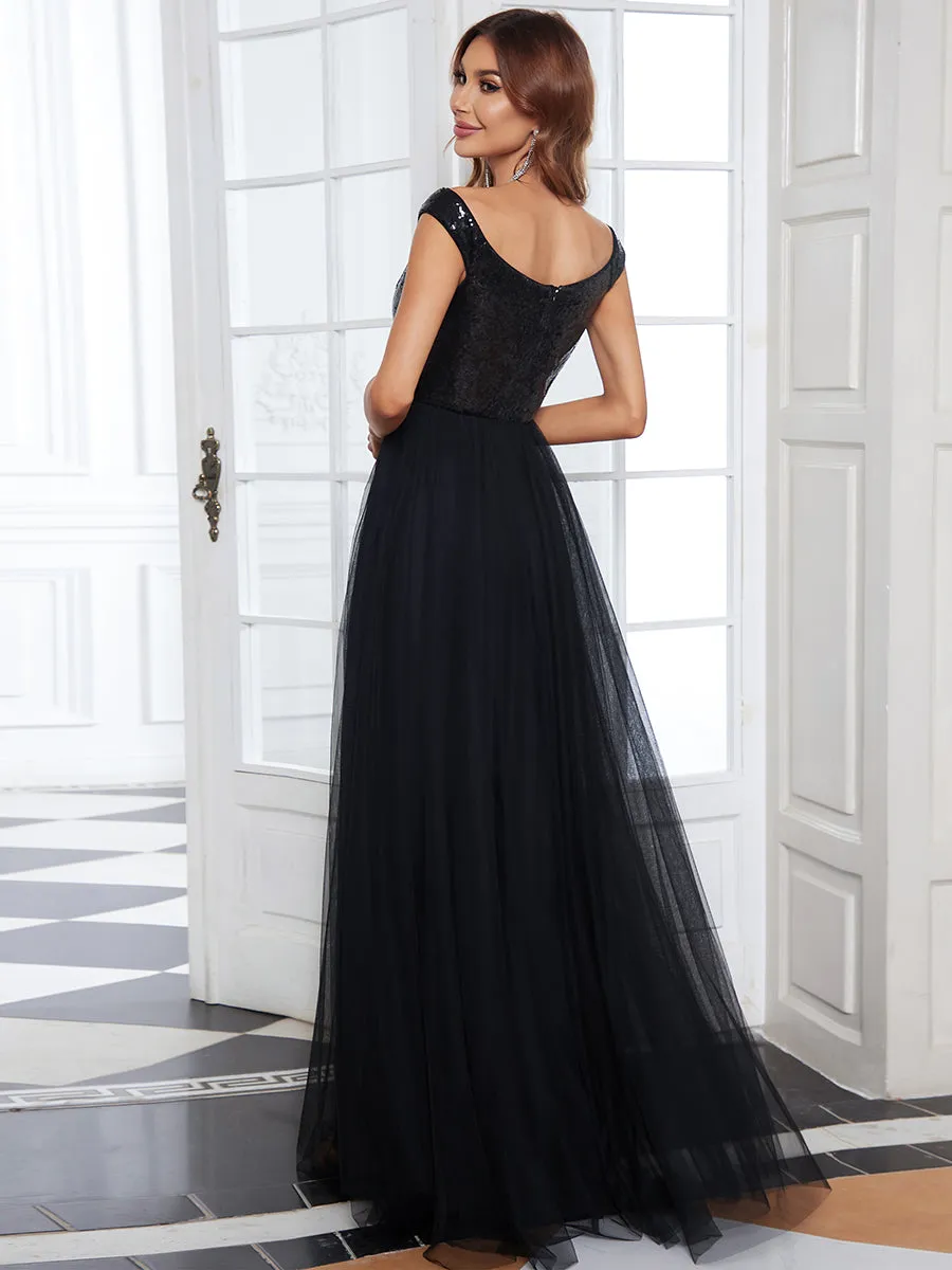 Wholesale Off Shoulder Tulle & Sequin Sleeveless Evening Dress