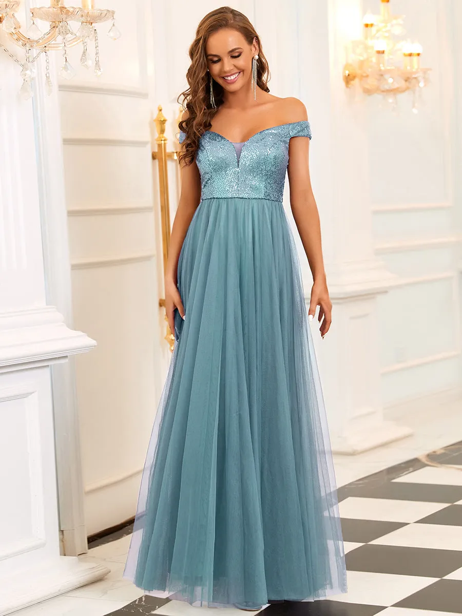 Wholesale Off Shoulder Tulle & Sequin Sleeveless Evening Dress