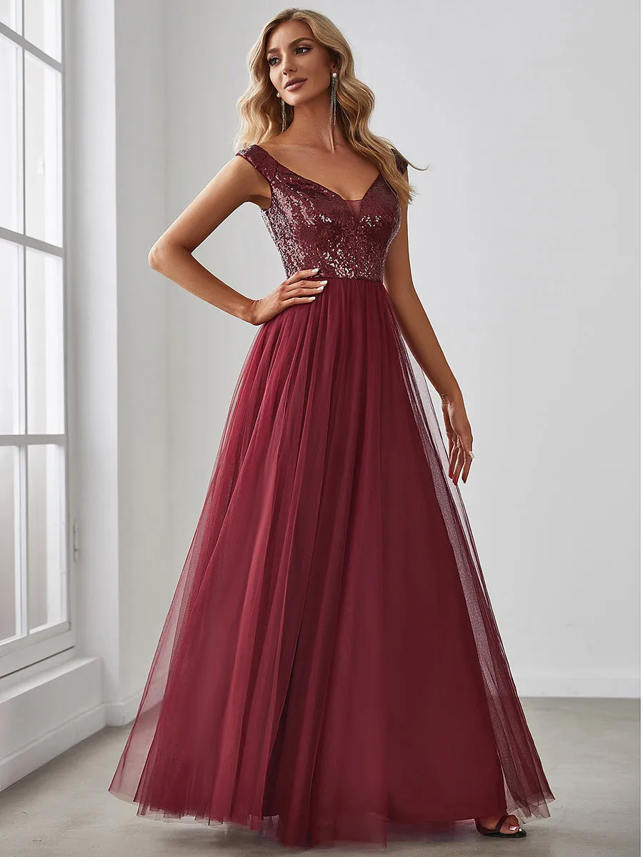 Wholesale Off Shoulder Tulle & Sequin Sleeveless Evening Dress