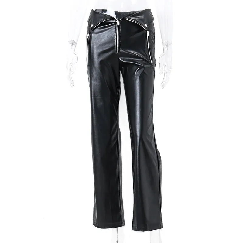 Y2K Fashion Leather High Waist Sexy Zipper Straight Slim Streetwear Winter Pants